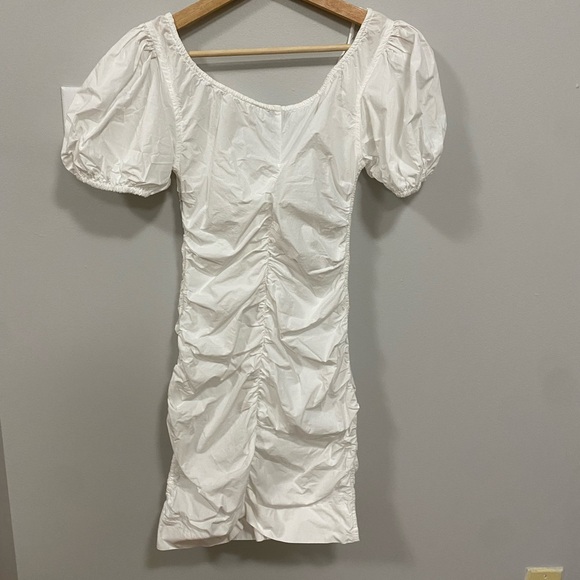 GANNI White Cotton Ruched Puff Sleeve Mini Poplin Dress XS - Picture 2 of 7